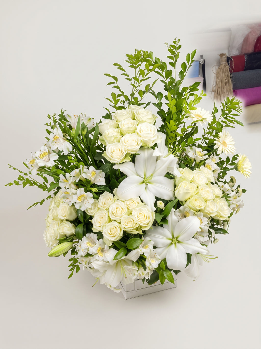 White Lilies, Roses & Alstroemeria Arrangement