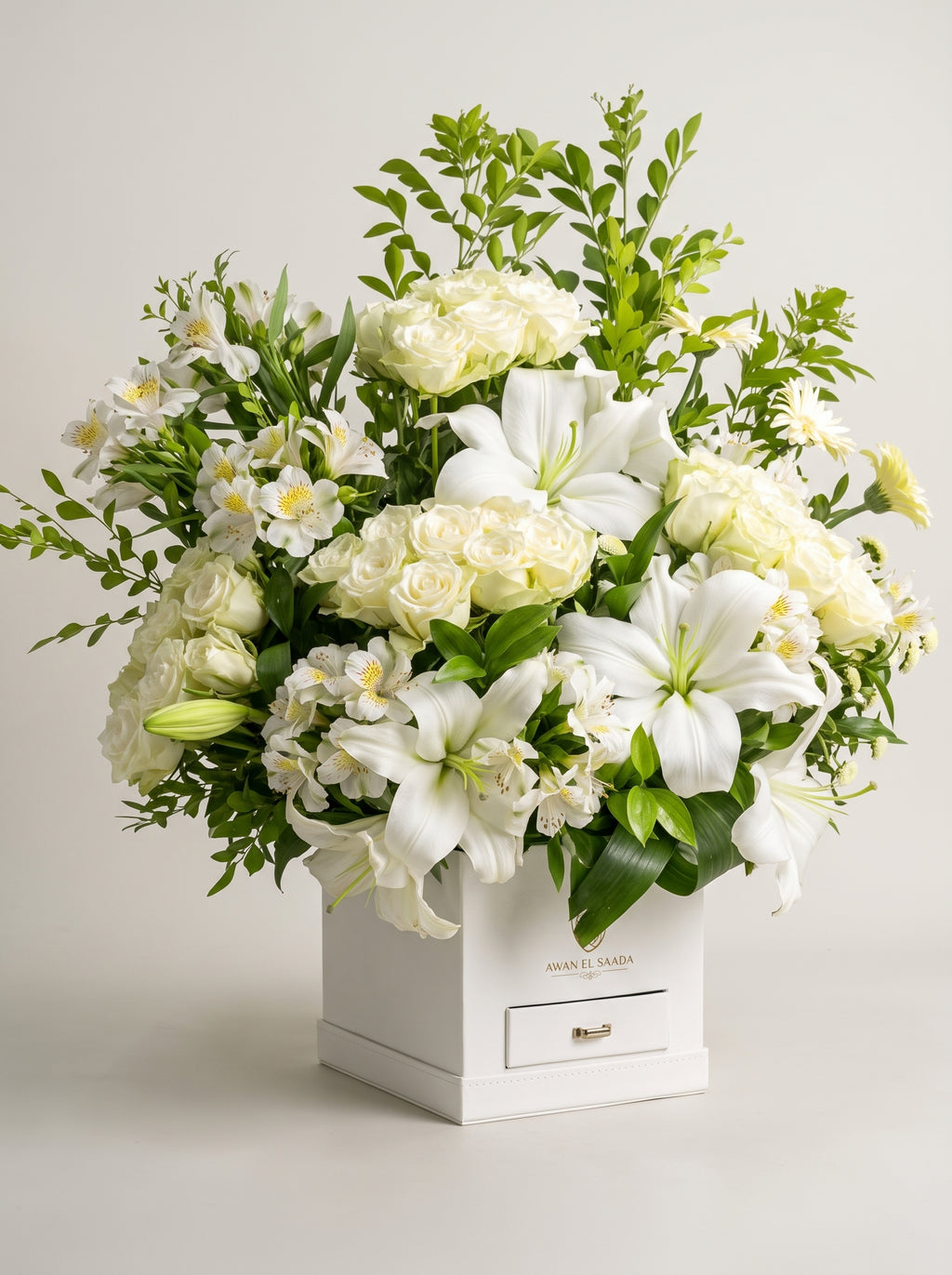 White Lilies, Roses & Alstroemeria Arrangement