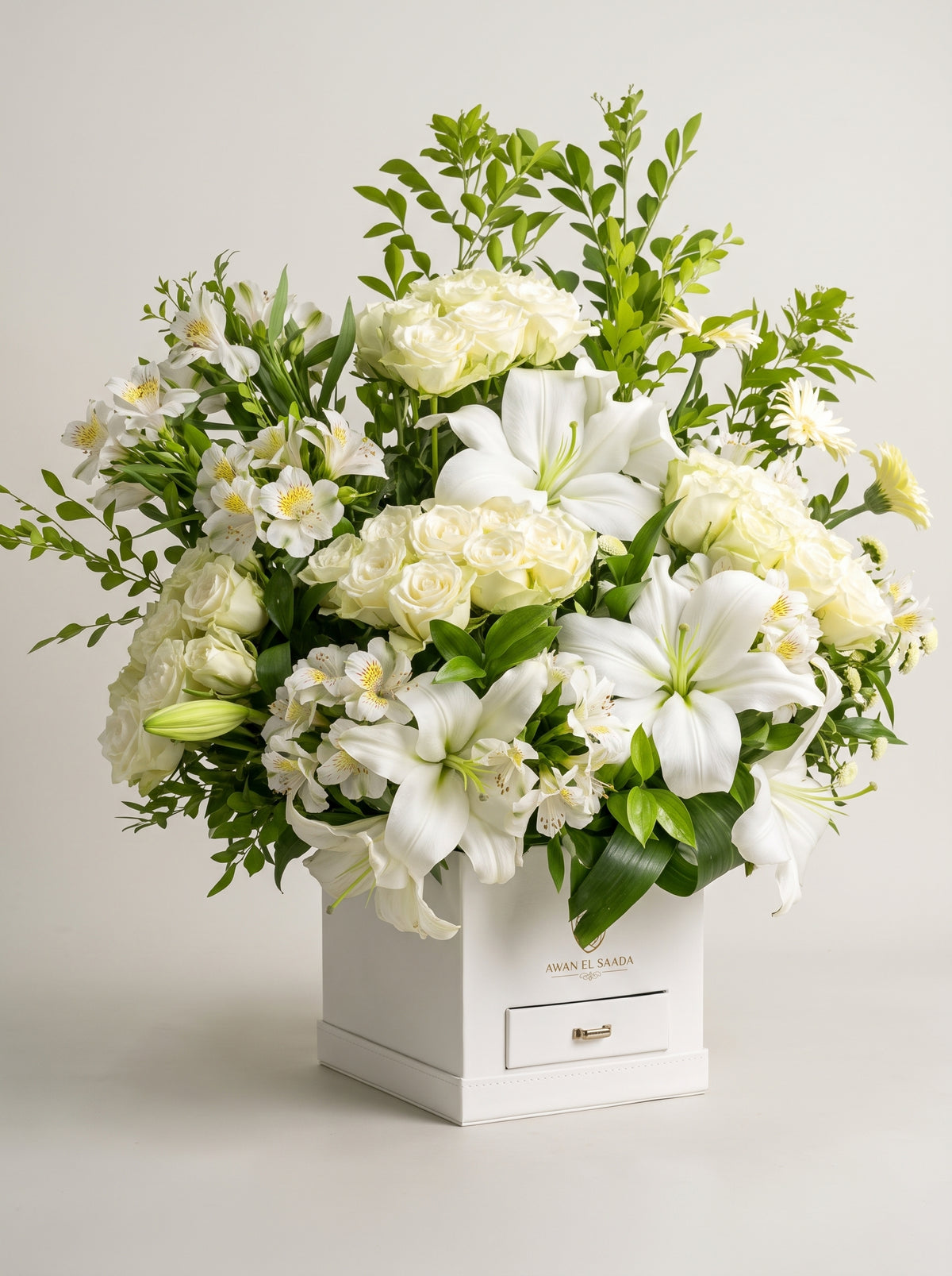White Lilies, Roses & Alstroemeria Arrangement