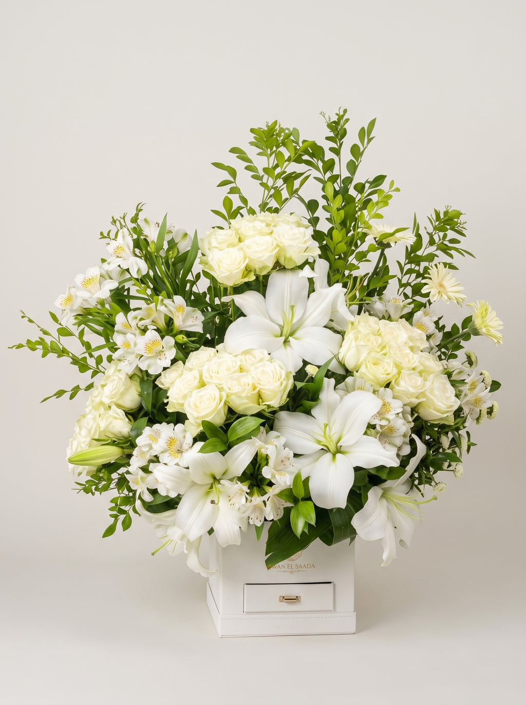 White Lilies, Roses & Alstroemeria Arrangement