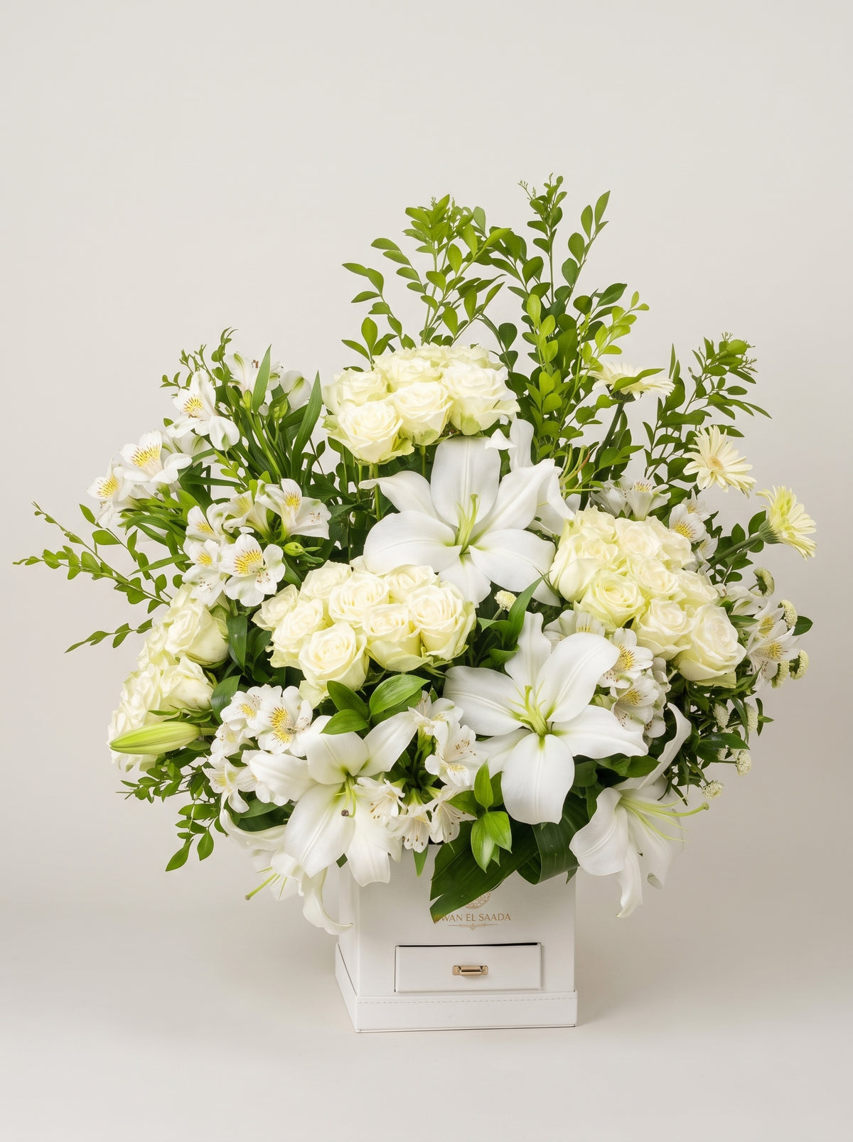 White Lilies, Roses & Alstroemeria Arrangement