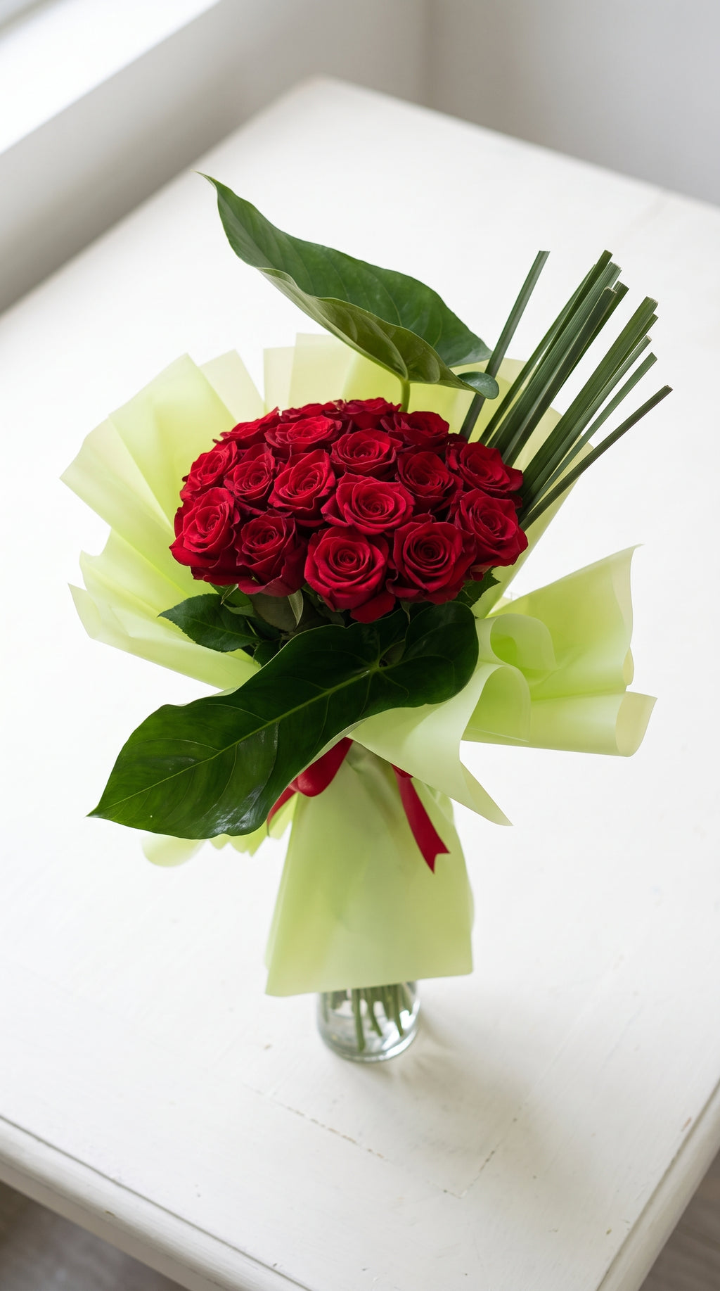Red Roses Hand Bouquet in Lime Green Wrap