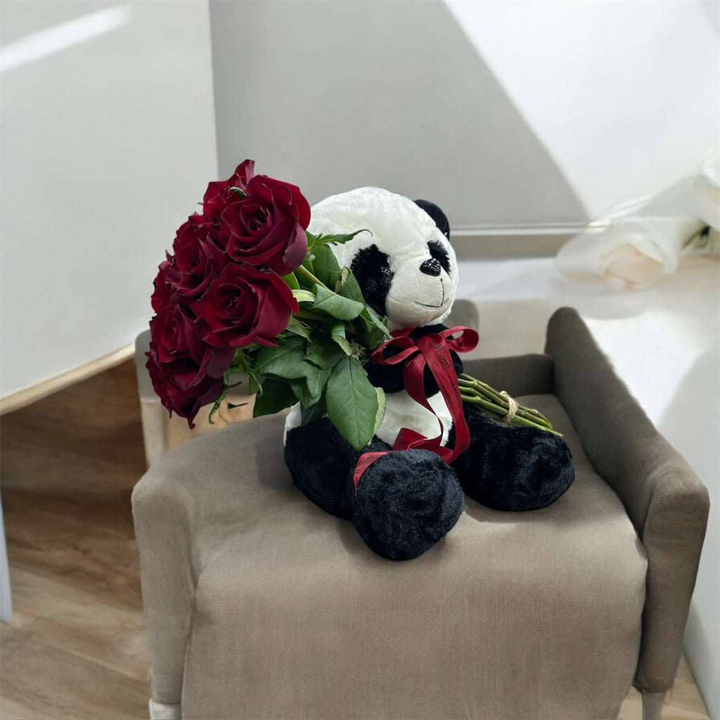 Special bear with 12 red roses
