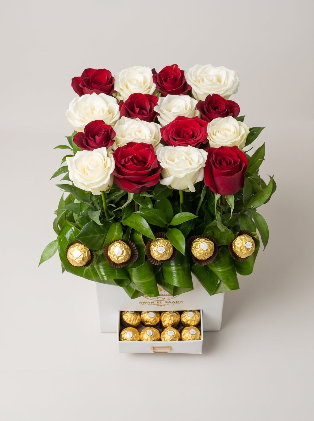 Red & White Roses Box with Ferrero Rocher Drawer