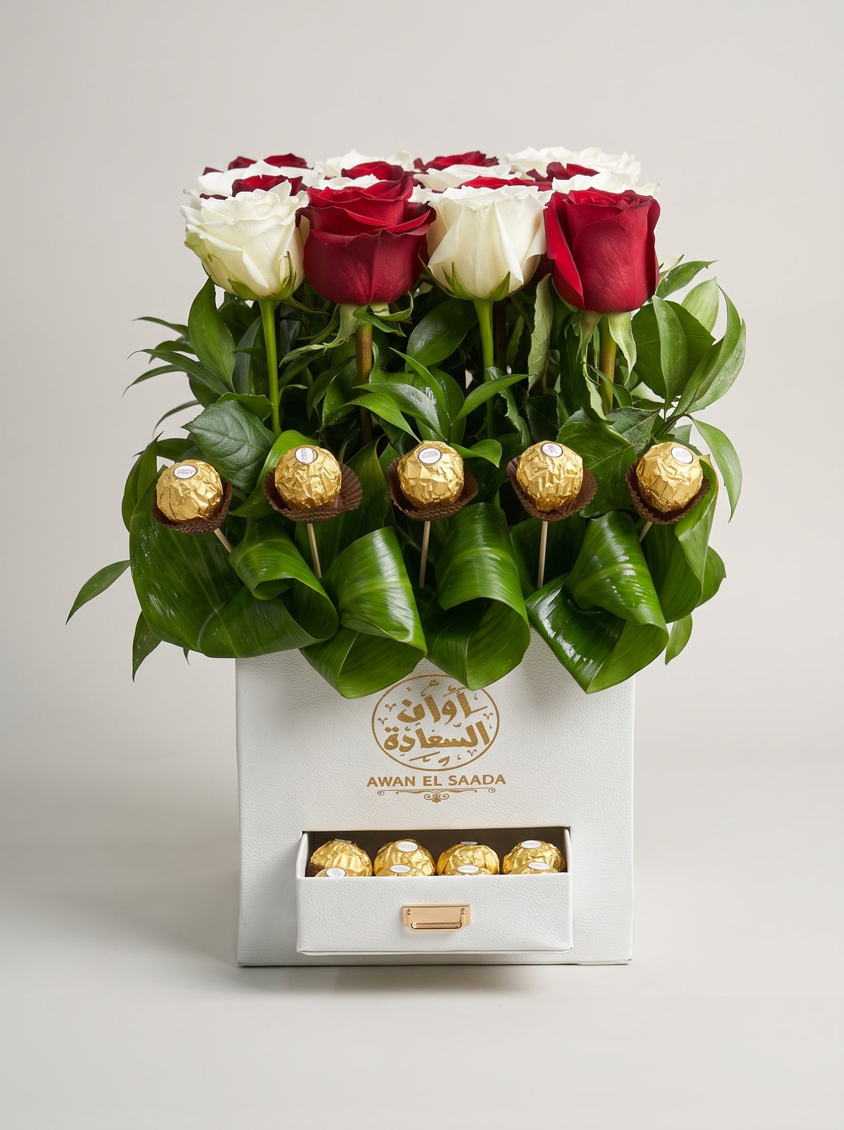 Red & White Roses Box with Ferrero Rocher Drawer