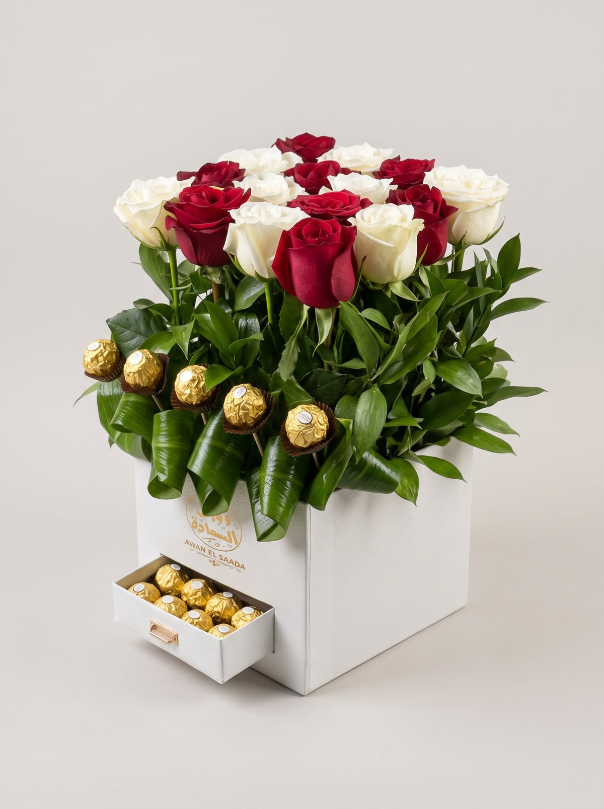 Red & White Roses Box with Ferrero Rocher Drawer