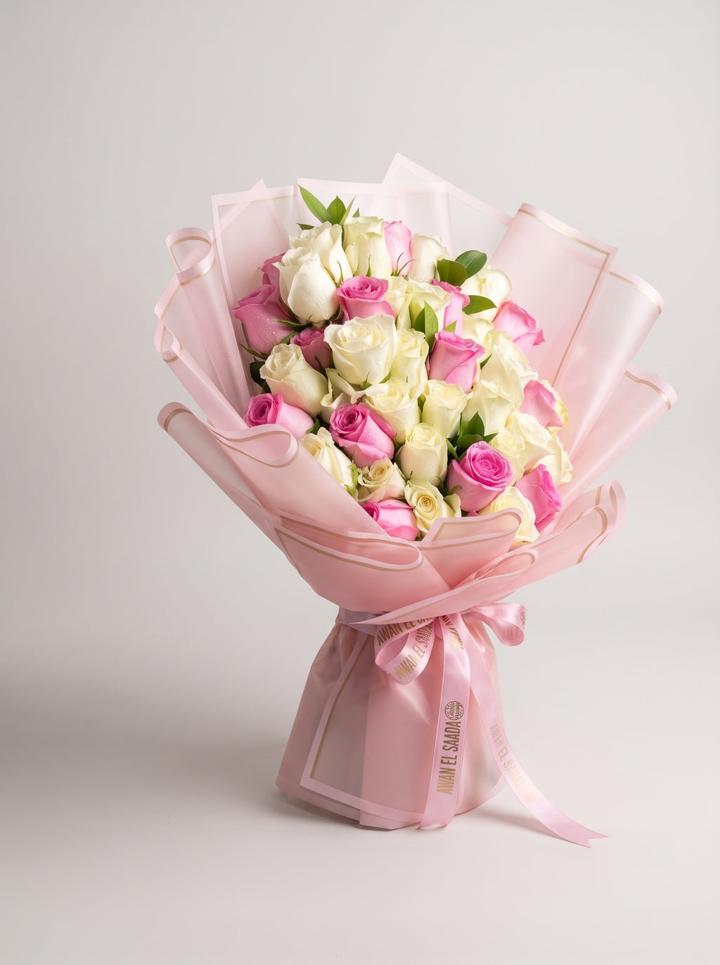 Pink & White Roses Bouquet in Pink Wrap